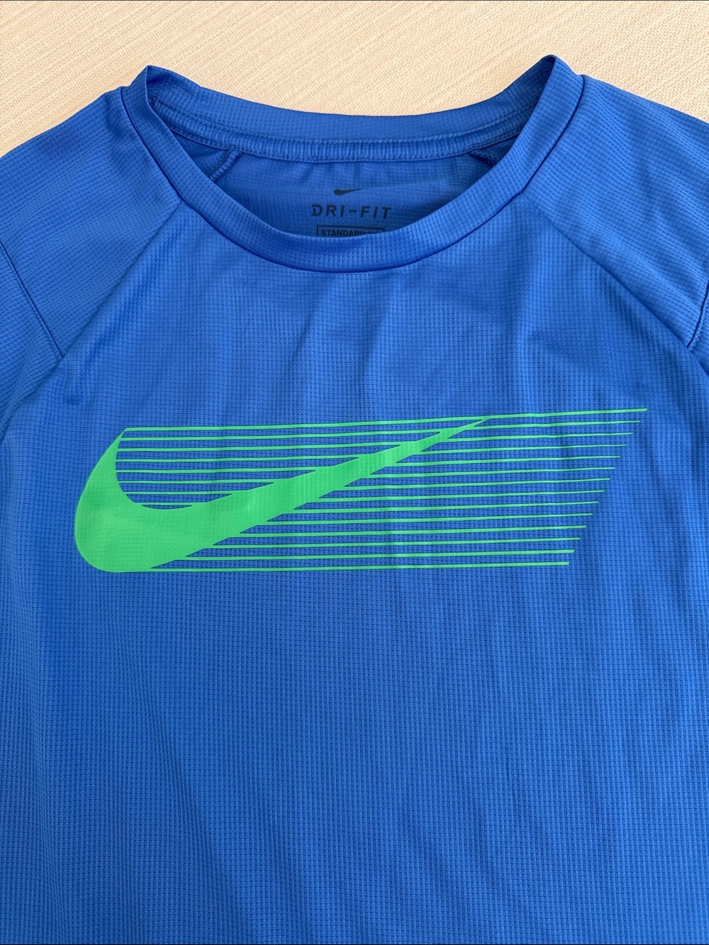 Nike Blue Long Sleeve Performance DRI-FIT Shirt with Green Swoosh. L